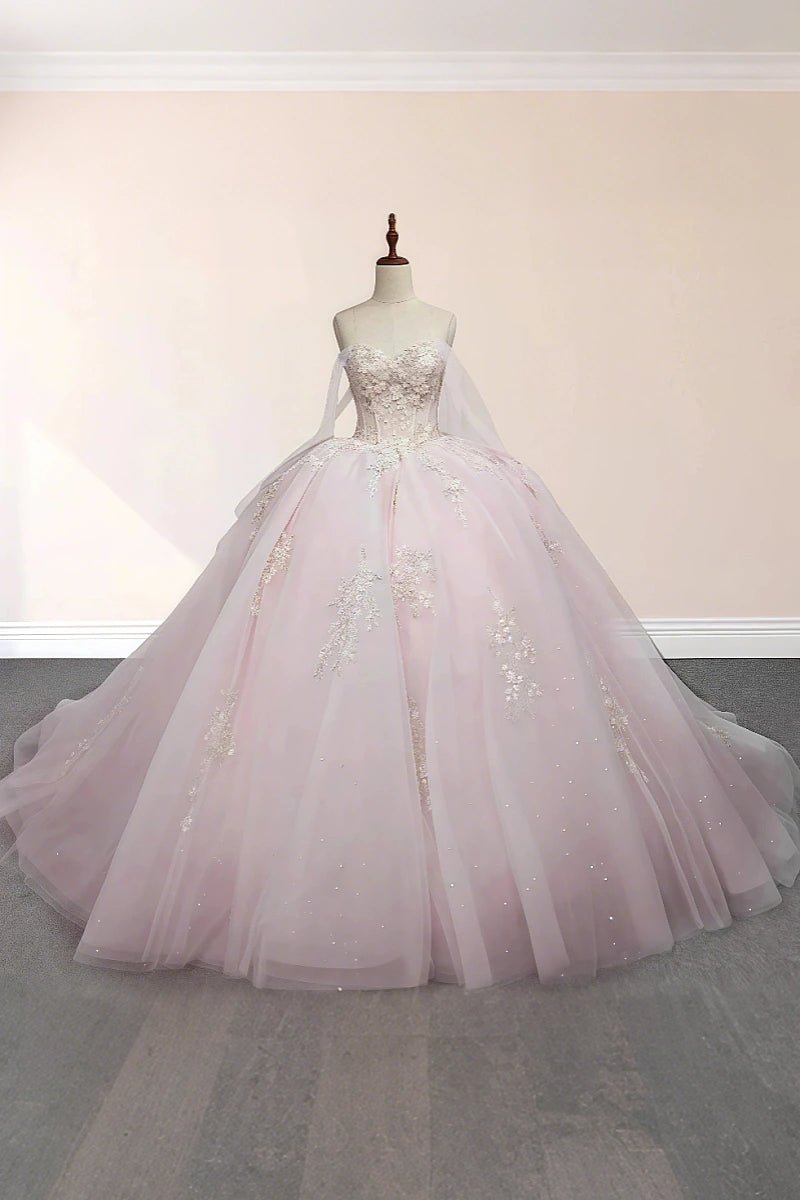 Ellie | Exquisite Light Pink Lace Strapless Corset Quinceanera Dresses for Memorable Celebrations - Light Pink - PromDressClub