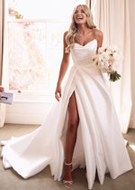 Elma | Elegant A - Line Strapless Backless White Satin Wedding Dress Train with Slit - Price #price_variant_lowest# - White - PromDressClub