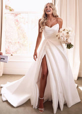 Elma | Elegant A - Line Strapless Backless White Satin Wedding Dress Train with Slit - Price #price_variant_lowest# - White - PromDressClub