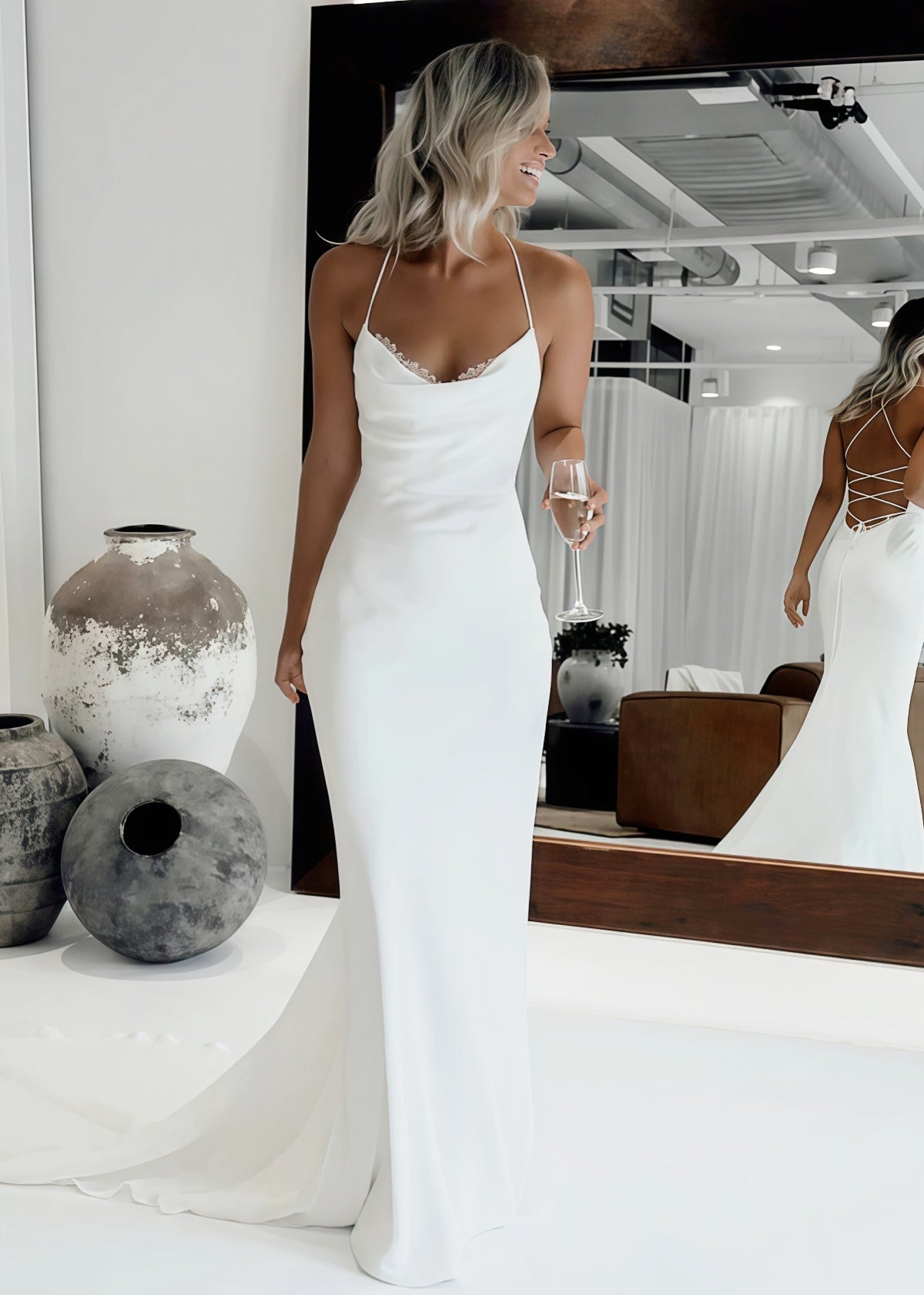 Emily | Romantic Mermaid Spaghetti Strap Backless Corset White Satin Wedding Dress Train - Price #price_variant_lowest# - White - PromDressClub