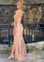 Emma | Light Pink Yellow Lace Mermaid Corset Backless Strapless Formal Dress with Slit - Light Pink - PromDressClub