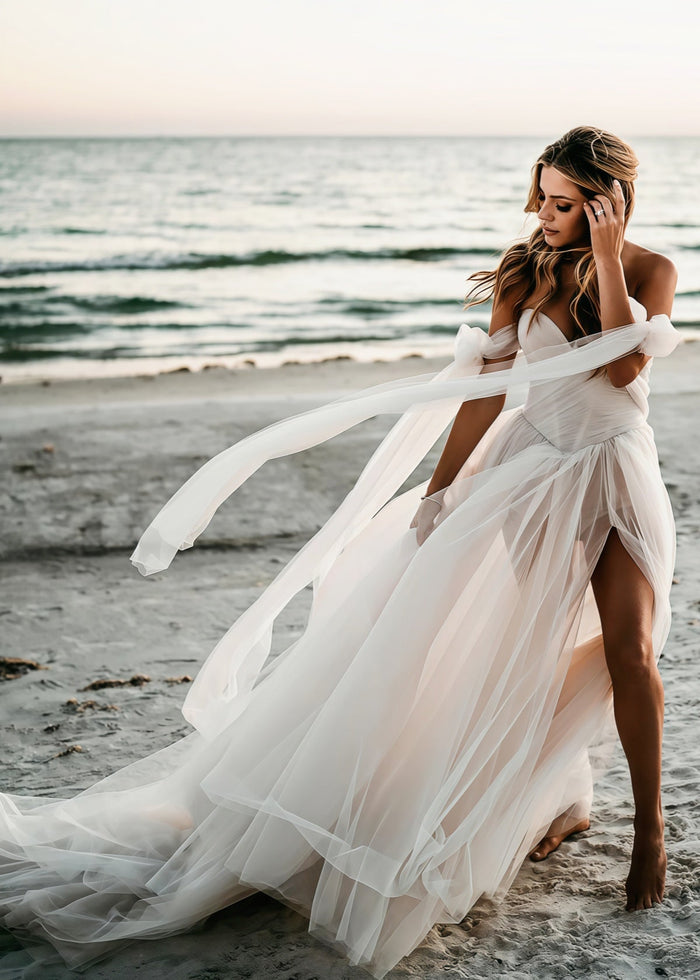 Enid | Glamorous Beach Off the Shoulder A Line Champagne Tulle Wedding Dress with Slit - Price #price_variant_lowest# - Champagne - PromDressClub