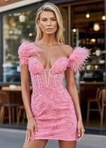 Epitome of Allure Bright Feather Short Pink Hoco Dresses Off the Shoulder For Dance Night - Pink - PromDressClub
