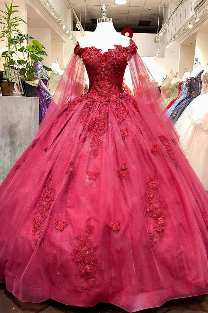 Estelle | Stunning Red/Emerald Green/Dusty Blue Lace Flower Off the Shoulder Quinceanera Dresses - Red - PromDressClub