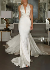 Eudora | Classic Mermaid Halter V Neck Sleeveless White Satin Wedding Dress Detachable Train - Price #price_variant_lowest# - White - PromDressClub