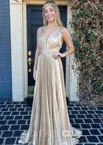 Eudora |Long Gold Prom Dress Metallic With A Line V Neck Plunging Pleated - Gold - PromDressClub