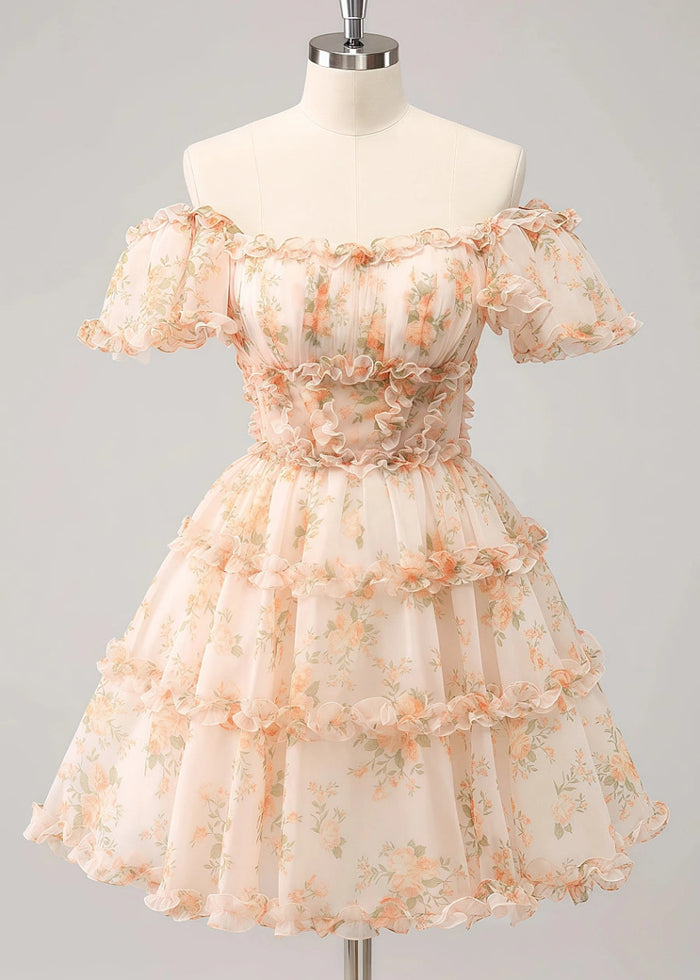 Evaluna | Stunning Champagne Floral Homecoming Dress: Dance the Night Away Beautifully - Champagne Floral - PromDressClub