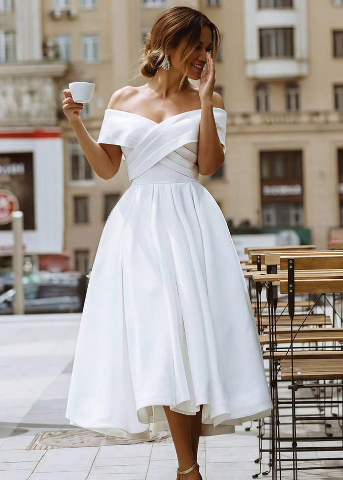 Evangeline | Elegant A Line Off the Shoulder Strapless White Satin Midi Wedding Dress - Price #price_variant_lowest# - White - PromDressClub