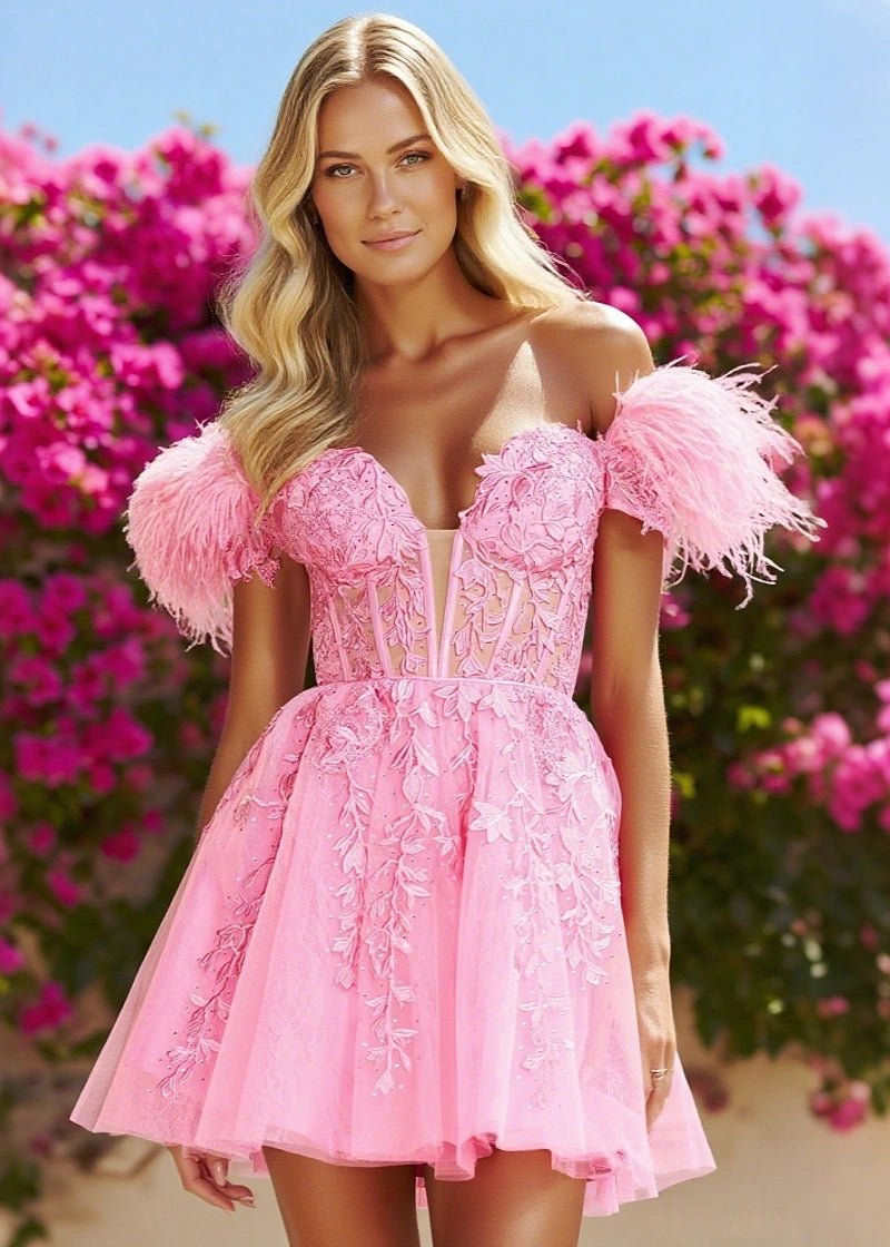 Exquisite Ease Feather Pink Homecoming Dress Off the Shoulder for a Memorable Night - Pink - PromDressClub