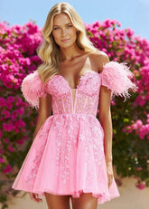 Exquisite Ease Feather Pink Homecoming Dress Off the Shoulder for a Memorable Night - Pink - PromDressClub
