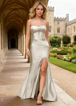 Faye Satin White Strapless Dress Prom | Sheath Corset Pleated Slit Formal Dress with Twist Knot - White - PromDressClub