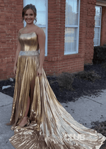Flora |Long Gold Prom Dress Metallic With A Line Strapless Beaded Slide Split - Gold - PromDressClub