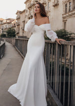 Freda | Trumpet/Mermaid Puff Long Sleeve Satin Wedding Dress with Off the Shoulder - Price #price_variant_lowest# - White - PromDressClub
