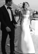 Gemma | Romantic Sheath Squsre Neckline Backless Satin Wedding Dress with Detachable Long Sleeve - Price #price_variant_lowest# - White - PromDressClub