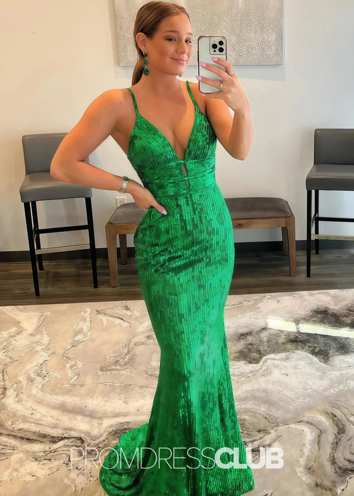 Grace |Long Green Prom Dresses Near Me With Mermaid Spaghetti Straps Sequins Backless - Price #price_variant_lowest# - Green - PromDressClub