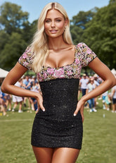 Graceful Finesse Black Sequin Homecoming Dress with Flowers Shines for Your Special Moment - Black Floral - PromDressClub