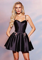 Gratiana | Unleash Elegance: Unique Black Homecoming Dress with Floral & Satin - Black - PromDressClub