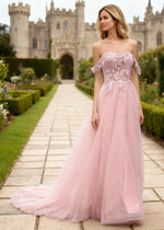 Gwen Pink 3D Flower Off Shoulder Prom Dress | A - Line Sweetheart Neckline Corset Tulle Formal Dress - Pink - PromDressClub