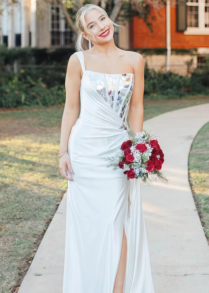 Hannah | Mermaid White Satin One Shoulder Mirror Pleated Prom Dress with Slit - White - PromDressClub