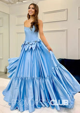 Hazel | A Line Bow Knots Long Prom Dress Light Blue - Light Blue - PromDressClub