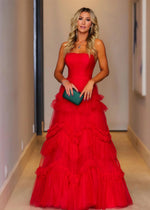 Hazel | A Line Red Strapless Corset Tulle Formal Dress Ruffle - Red - PromDressClub