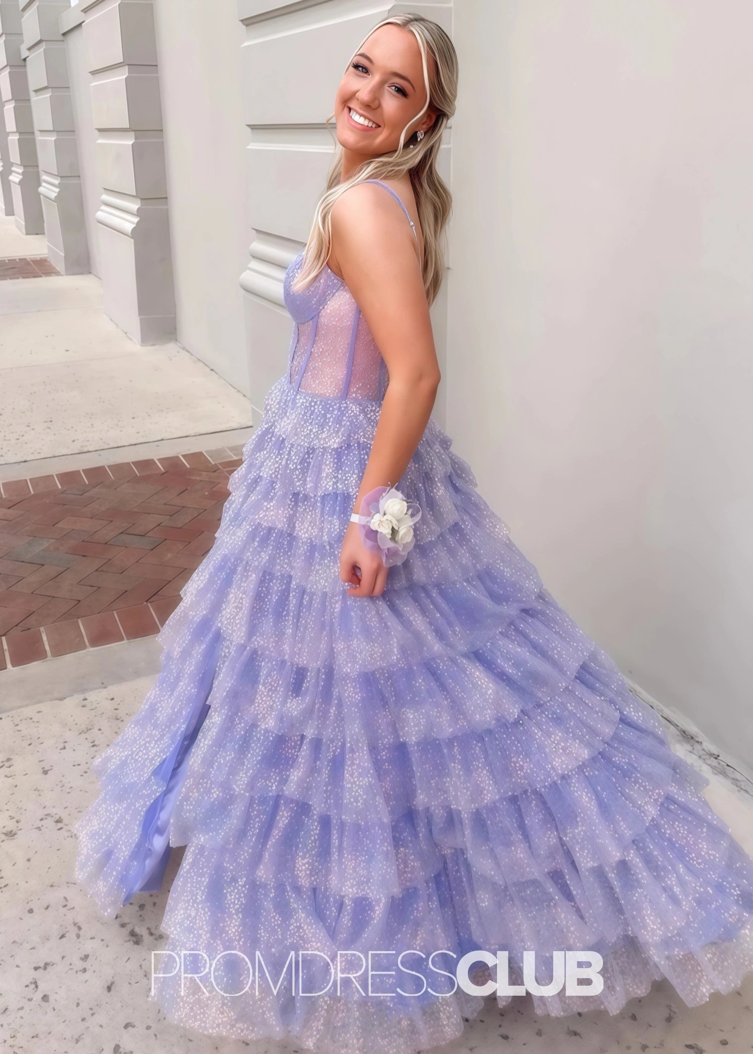 Hedda |Long Lilac Prom Dresses Near Me With Sparkly Princess Spaghetti Straps Tulle Tiered - Price #price_variant_lowest# - Lilac - PromDressClub