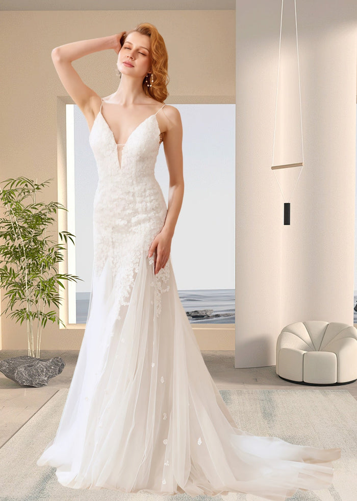 Helen | Boho Mermaid Spaghetti Strap Open Back White Lace Wedding Dress with Sweep Train - Price #price_variant_lowest# - White - PromDressClub