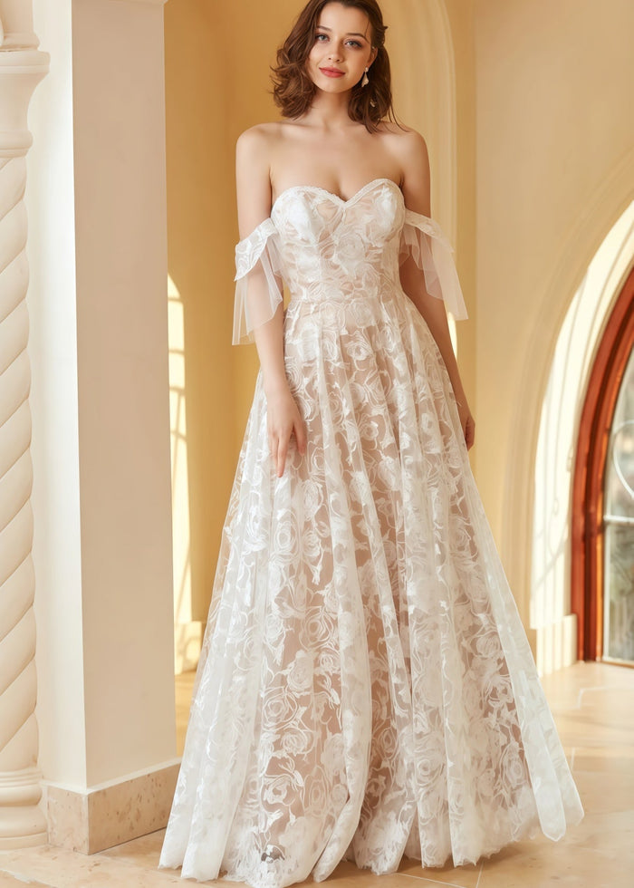 Ida | Beach A Line Off the Shoulder Lace White Wedding Dress with Backless - Price #price_variant_lowest# - White - PromDressClub