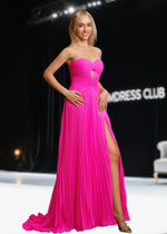 Ida | Strapless Keyhole Pleated Hot Pink Maxi Prom Dress - Hot Pink - PromDressClub