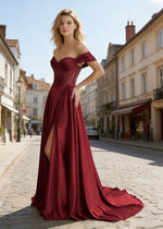 Inez Burgundy Prom Off Shoulder Dress | A - Line Strapless Corset Beaded Satin Formal Dress with Slit - Burgundy - PromDressClub