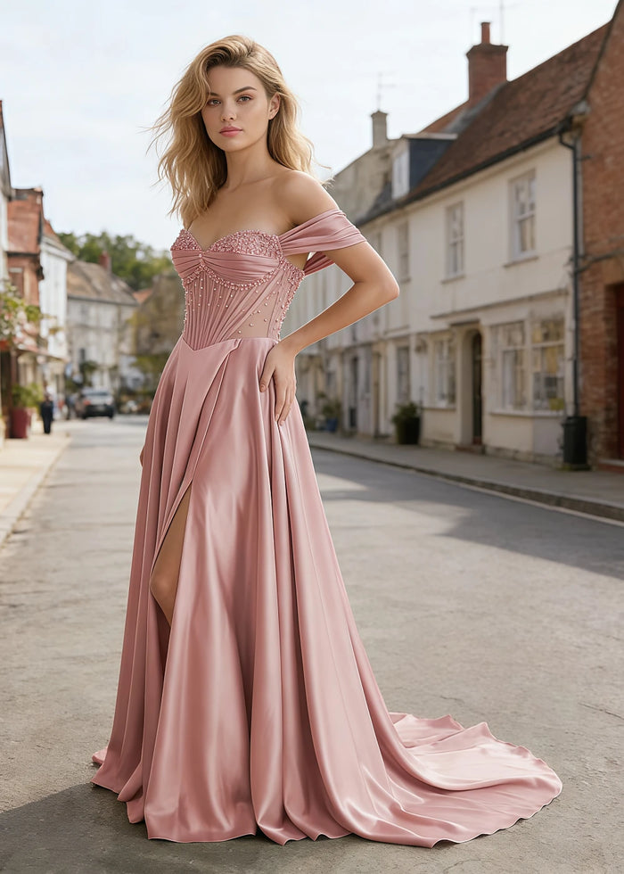 Inez Dusty Rose Prom Off Shoulder Dress | A - Line Strapless Corset Beaded Satin Formal Dress with Slit - Dusty Rose - PromDressClub