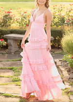 Irene | Tiered Ruffles Pink Chiffon Prom Dress - Price #price_variant_lowest# - Pink - PromDressClub