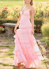 Irene | Tiered Ruffles Pink Chiffon Prom Dress - Price #price_variant_lowest# - Pink - PromDressClub