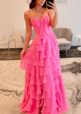 Iris | Tiered Ruffles Sweetheart Hot Pink Chiffon Prom Dress - Hot Pink - PromDressClub