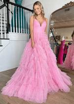 Isabel | A Line Hot Pink Ruffle Spaghetti Strap Corset Tulle Formal Dress with Slit - Hot Pink - PromDressClub