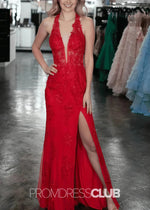 Isabel |Red Prom Dresses Websites With Long Halter V Neck Backless Mermaid High Slit - Price #price_variant_lowest# - Red - PromDressClub