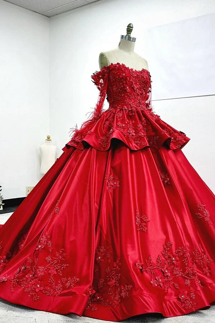 Isabelle | Stunning Long Sleeve Red Quince Dresses with Luxurious Satin Details - Red - PromDressClub