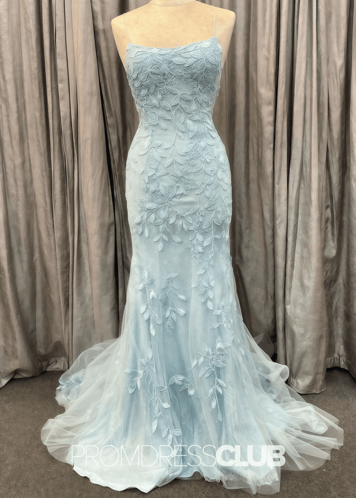 Lane |Sky Blue Prom Dresses Websites With Spaghetti Straps Lace Appliques Sleeveless Mermaid - Price #price_variant_lowest# - Sky Blue - PromDressClub