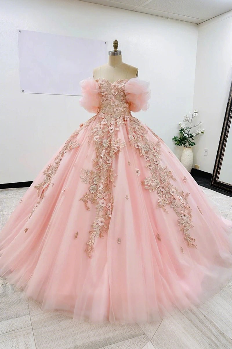 Janet | Dreamy Pink Quince Dresses with Floral Sleeve Elegance - Light Pink - PromDressClub