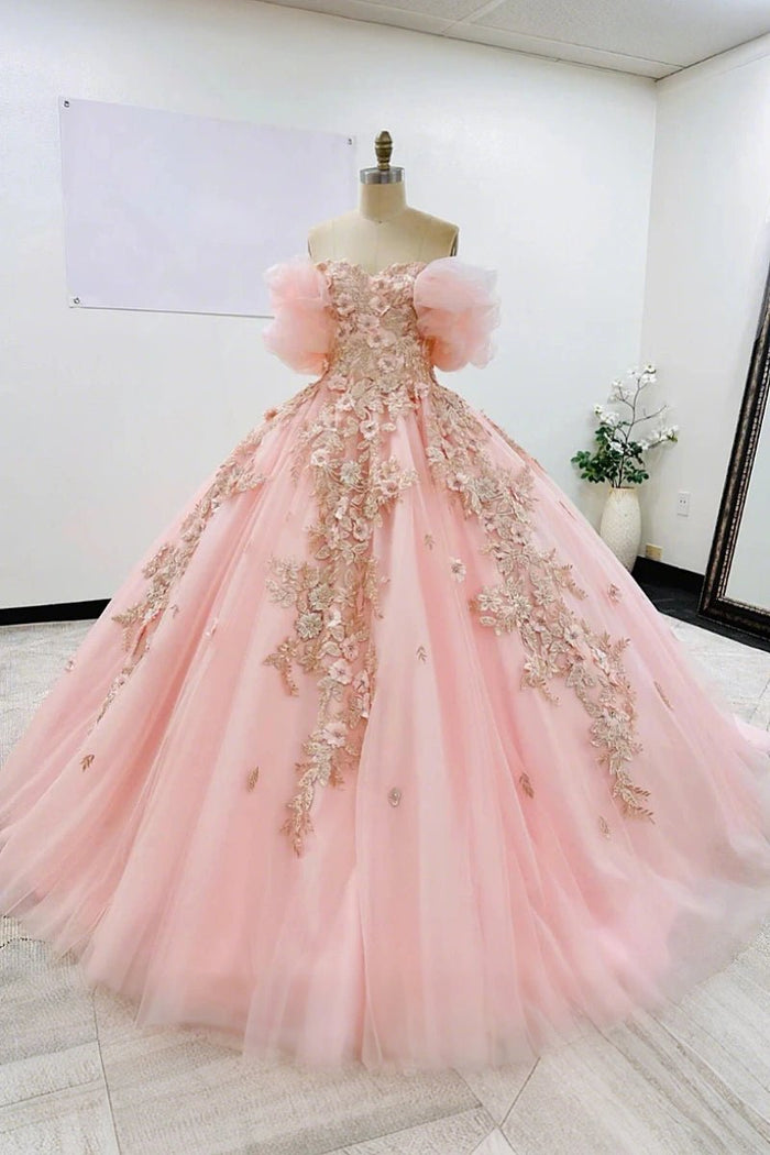Janet | Dreamy Pink Quince Dresses with Floral Sleeve Elegance - Light Pink - PromDressClub