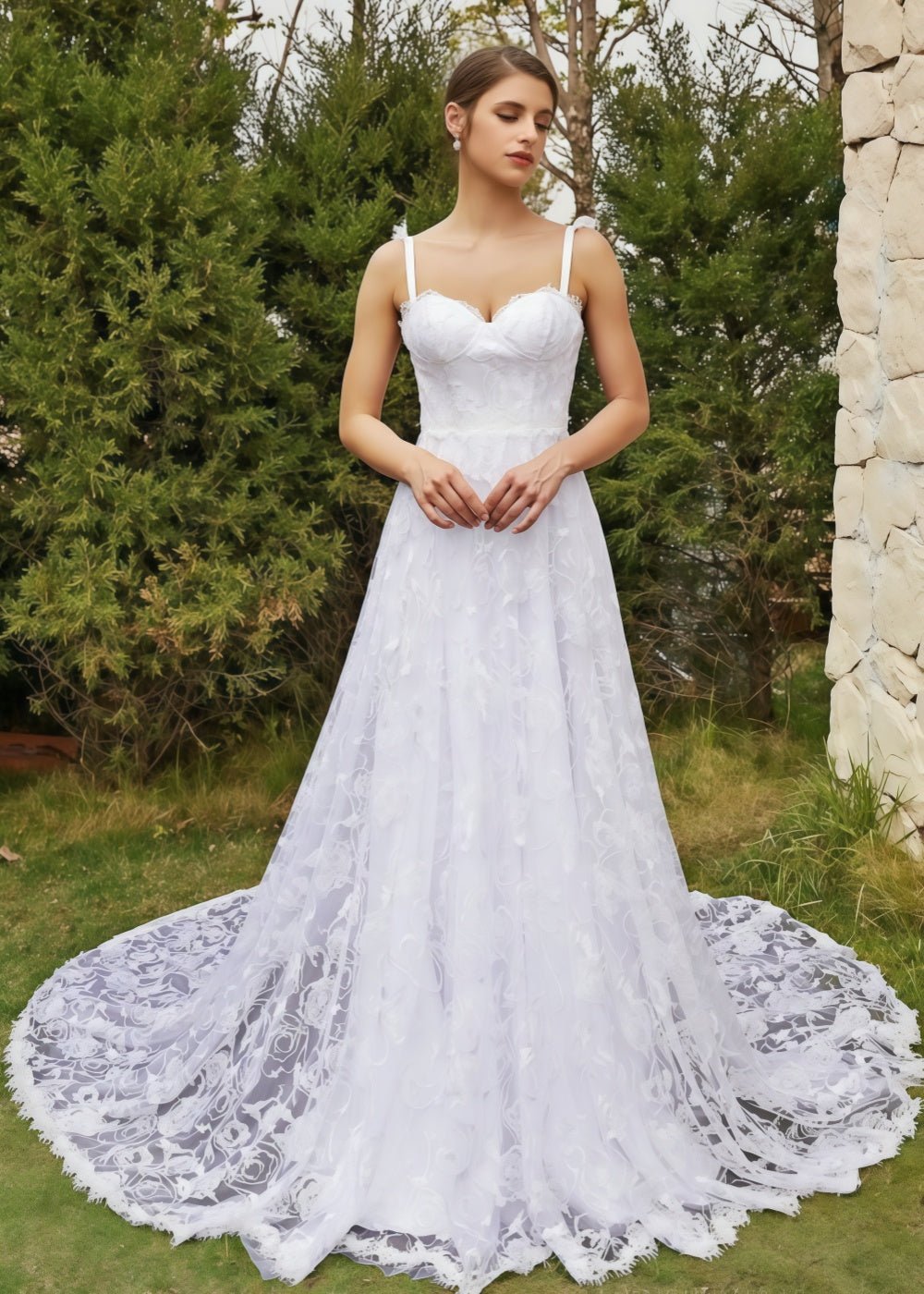 Joanna | Elegant A Line Lace Spaghetti Strap Sweetheart Neckline White Wedding Dress with Court Train - White - PromDressClub