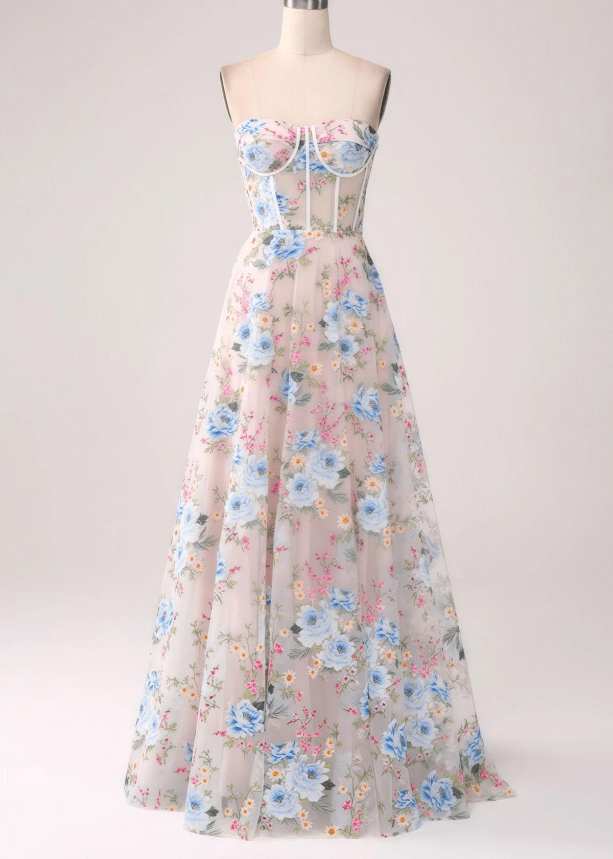 Jocelyn | White Floral A - Line Strapless Corset Long Prom Dress - Price #price_variant_lowest# - White Floral - PromDressClub