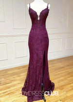 Jodie |Long Burgundy Prom Dresses Shops With Lace Spaghetti Straps V - Neck Mermaid Slit - Price #price_variant_lowest# - Burgundy - PromDressClub