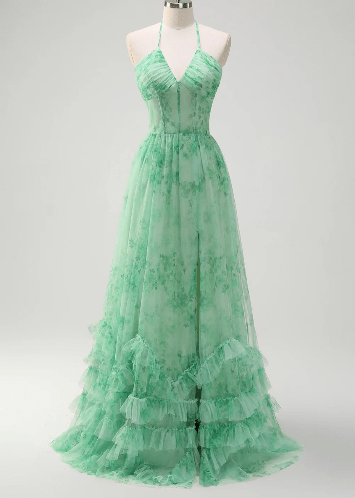 Josephine | Green Floral Corset Ruffles A - Line Long Prom Dress - Price #price_variant_lowest# - Green Floral - PromDressClub