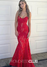 Josephine |Long Red Prom Dresses Shops With Sweetheart Appliques Mermaid Sleeveless Lace - Price #price_variant_lowest# - Red - PromDressClub