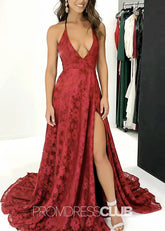 Joy |Burgundy Long Prom Dresses Near Me With Spaghetti Straps A Line Lace High Slit - Price #price_variant_lowest# - Burgundy - PromDressClub