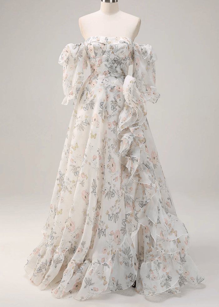 Judy | A Line White Floral Ruffle Slit Long Prom Dress - Price #price_variant_lowest# - White Floral - PromDressClub