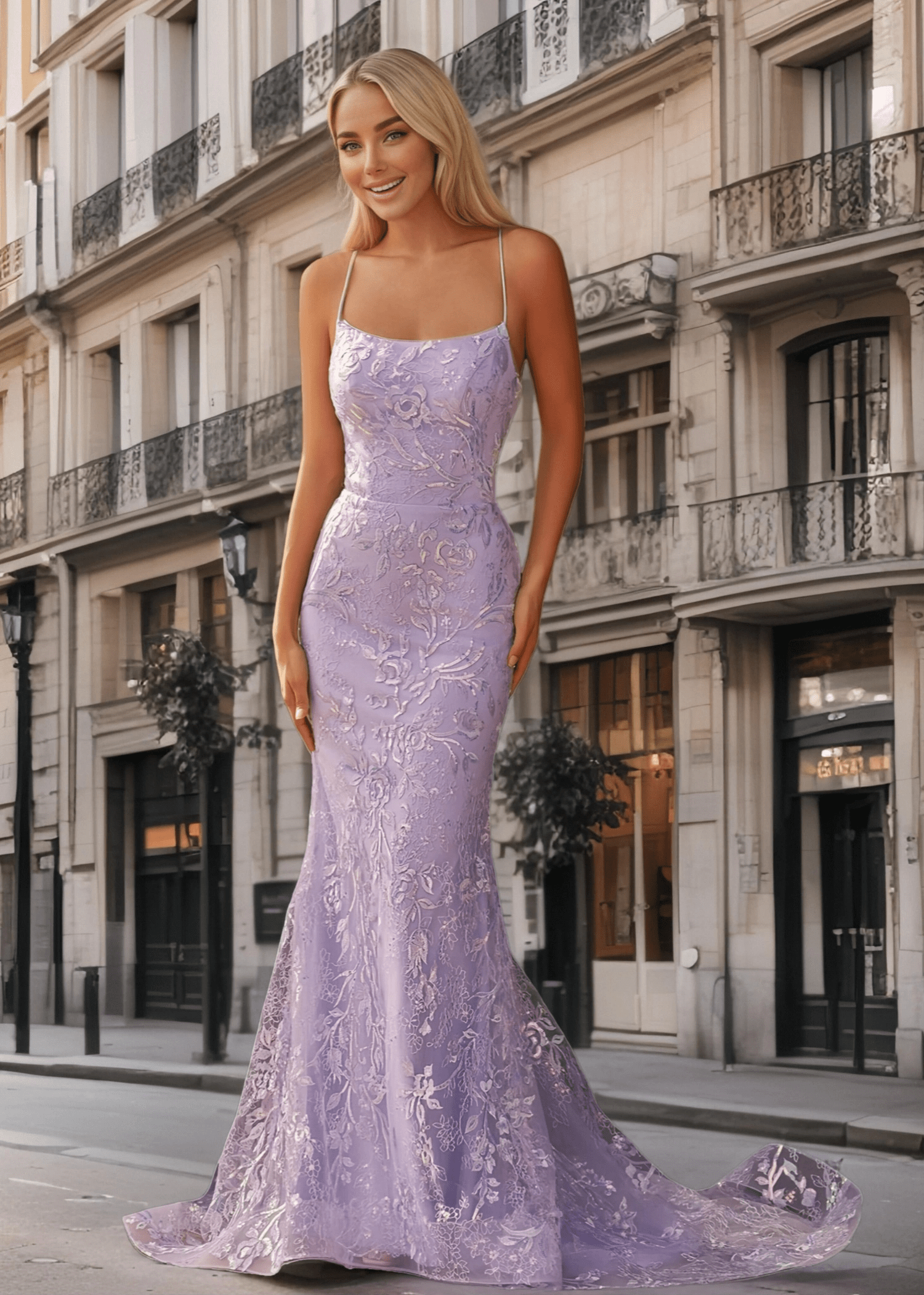 Julie | Glitter Lilac Purple Mermaid Spaghetti Strap Prom Dress with Train - Lilac - PromDressClub