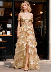 Kaleido Gold Sequins Ruffle Prom Dress | A - Line Off the Shoulder Sweetheart Neckline Tiered Dress with Slit - US0 - PromDressClub