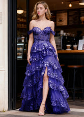 Kaleido Royal Blue Sequins Ruffle Prom Dress | A - Line Off the Shoulder Sweetheart Neckline Tiered Dress with Slit - US0 - PromDressClub